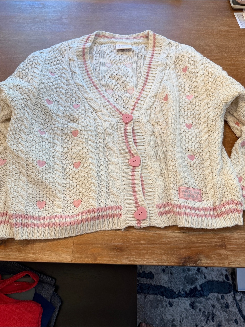 Taylor Swift Lover Cream Cable Knit Cardigan with Pink Hearts